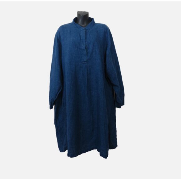 Eileen Fisher size 3X Linen Tunic Dress Mandarin Collar Chambray Blue NEW - Picture 1 of 6